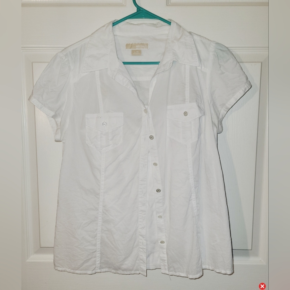 2 Pc Michael Kors Large White Cotton Cap Sleeve Blouse + White Tank Gold Logo